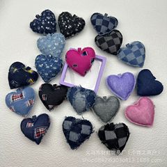 热卖牛仔布艺冲棉爱心钥匙扣手机链包挂DIY饰品手工材料服饰配件
