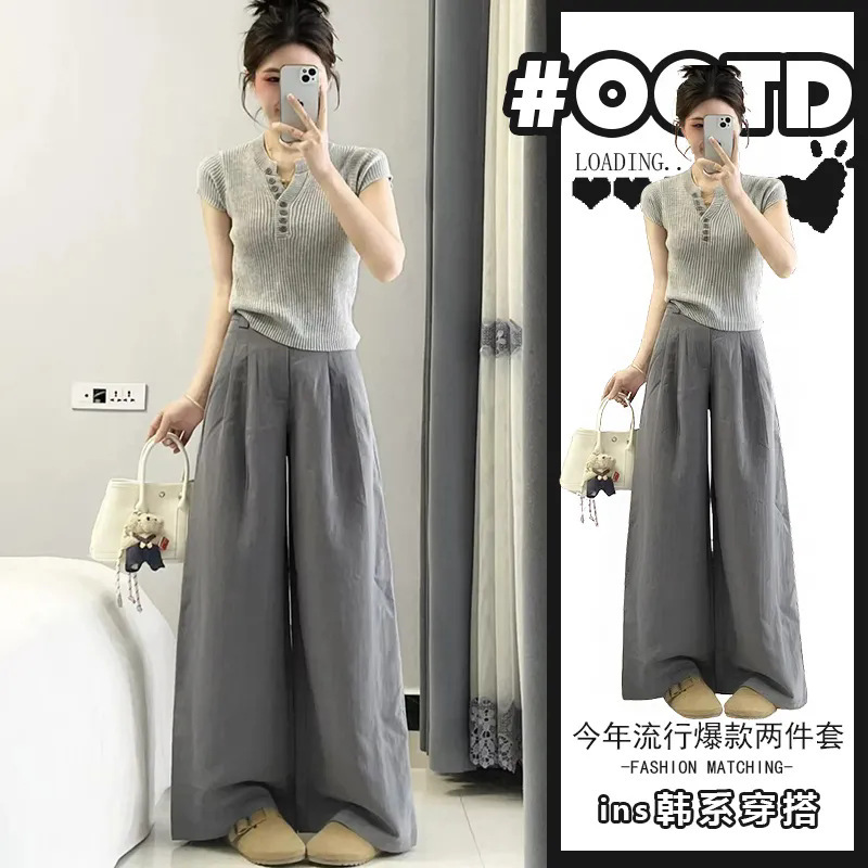 Lazy Style Elegant Wear Two-piece Set Women's Grey Half-open Collar V-neck Short-sleeved Sweater High Waist Slimming Casual Pants