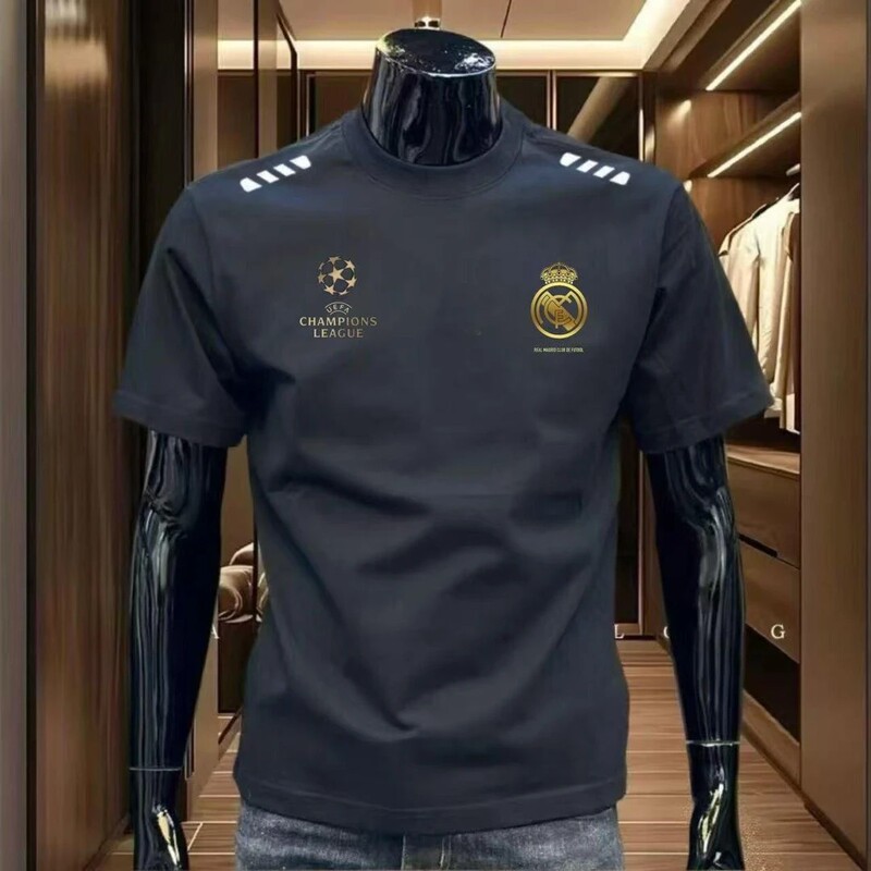 Summer New Heavyweight 100% Pure Cotton Short-Sleeve Champions League Real Madrid Style Casual Top Men's Trendy Fashion T-Shirt