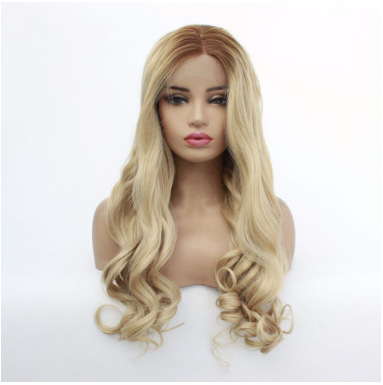 Pelucas transfronterizas de fibra química europea y americana frente de encaje cubierta de cabeza marrón gradiente mezcla dorada ondulado grande rollo LW0075