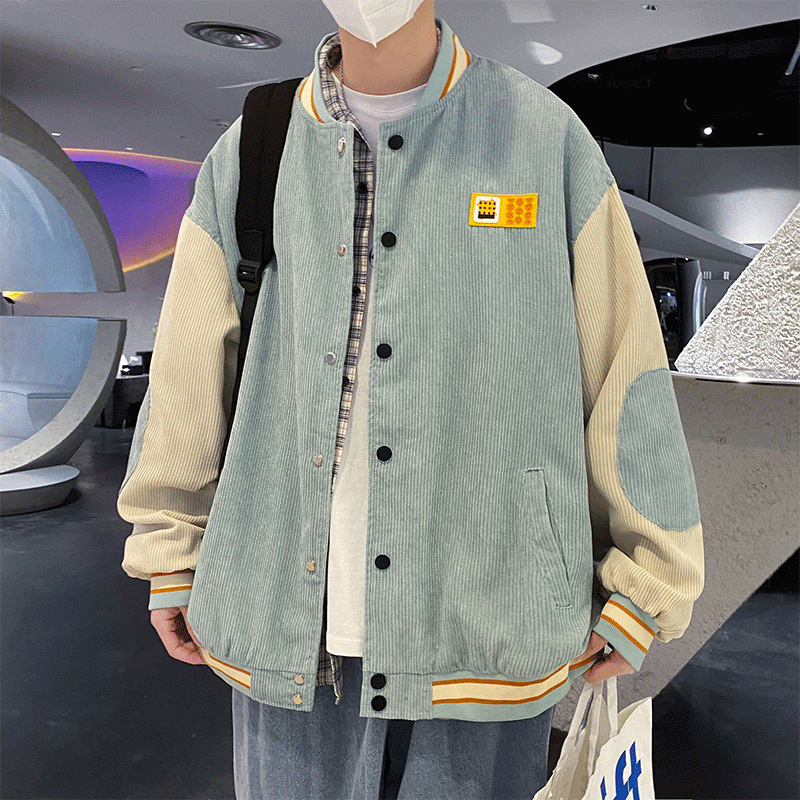 日系复古灯芯绒棒球服外套男女春秋新款宽松百搭学生情侣拼色夹克