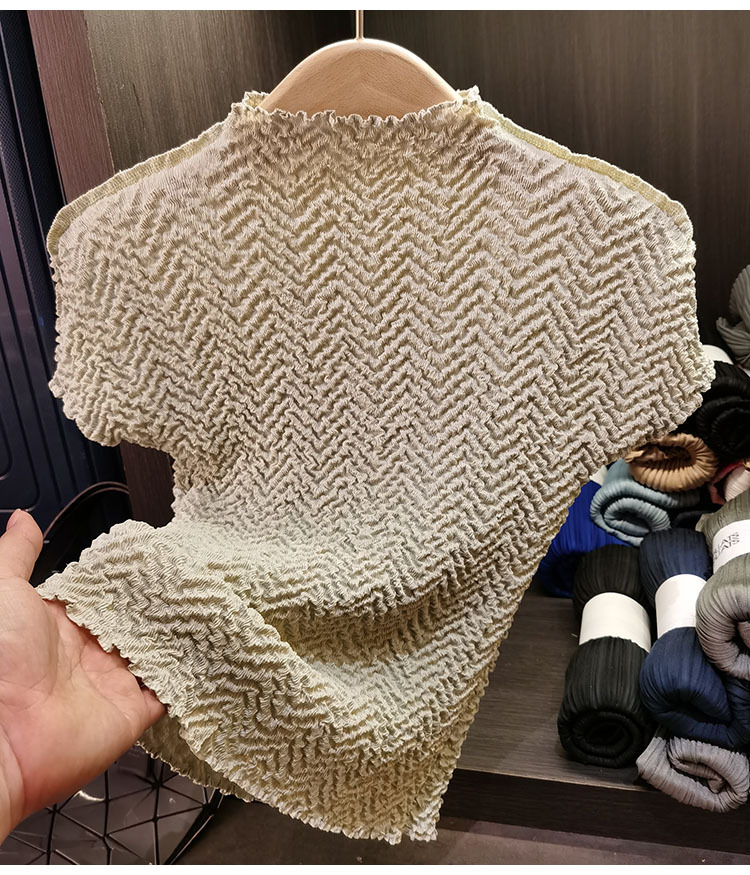 Áo thun nữ cổ tròn tay ngắn họa tiết dứa jacquard xếp ly mùa hè — Màu xanh lam nhạt, Màu xanh lục nhạt, Màu đen, Màu trắng be chi tiết 13