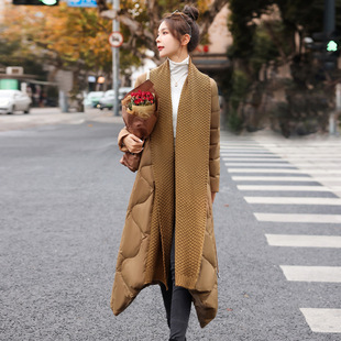 in stock New Winter Stitching Knitted Scarf Collar Elegant Long Over-the-knee Lace-up 90 Down Jacket YJ629
