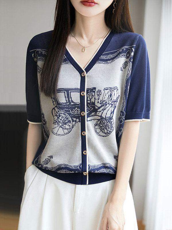 【メーカー直送】Vネックテンセル半袖Tシャツレディース夏新作コントラストカラージャカードアイスシルクセータートップトレンディ|undefined