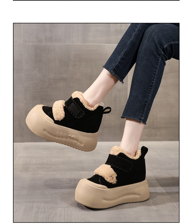 Giày boot nữ cổ cao lót lông cừu đế dày tăng chiều cao, dán Velcro — màu đen chi tiết 12