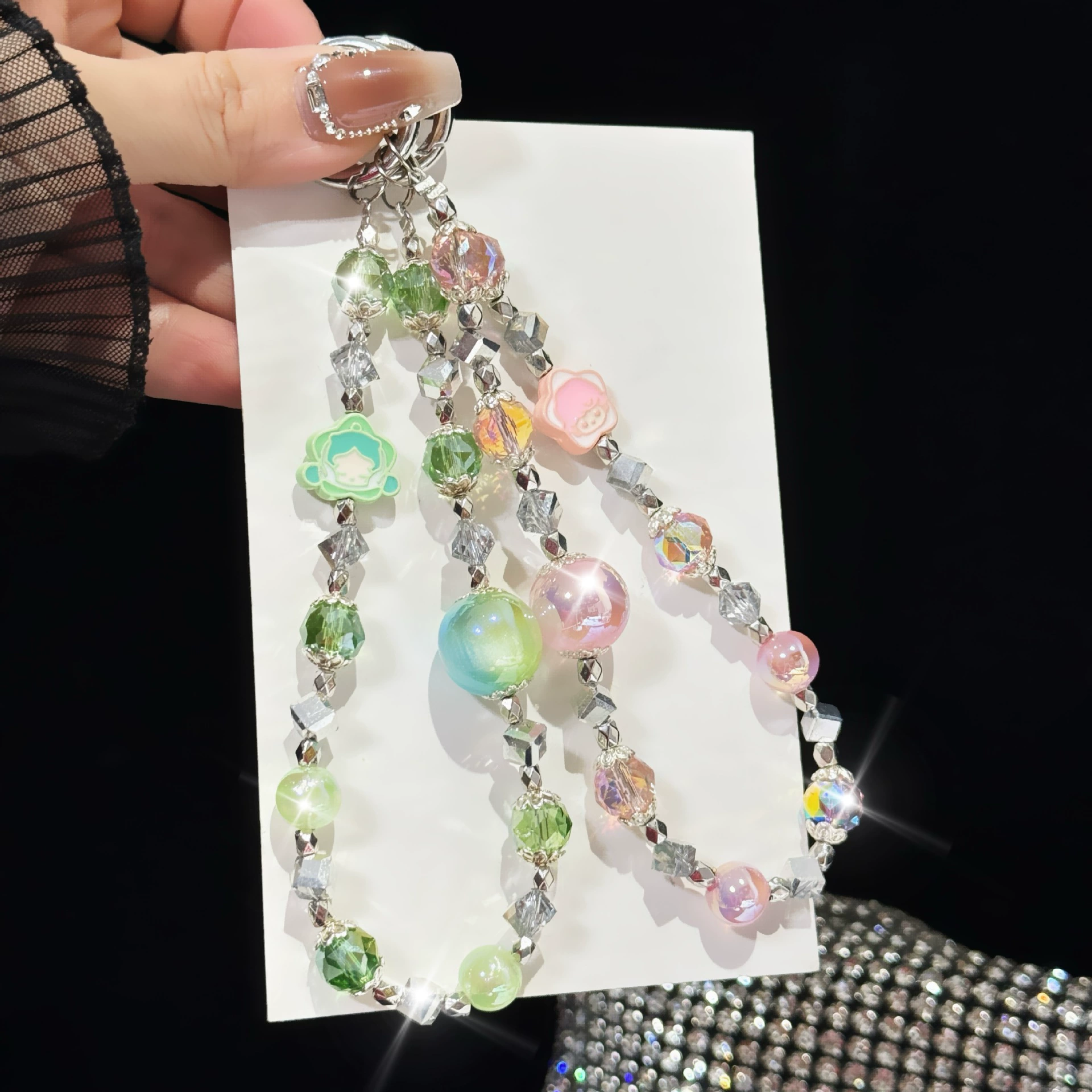 Sophisticated mobile phone, strap, short beaded bracelet, keychain