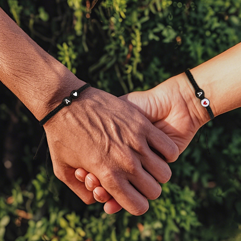 European and American Cross-Border 26-Letter Heart Braided Bracelet Creative Black and White Bead Flat Knot Bracelet Couple Friendship Bracelet European and American Cross-Border 26-Letter Heart Braided Bracelet Creative Black and White Bead Flat Knot Bracelet Couple Friendship Bracelet