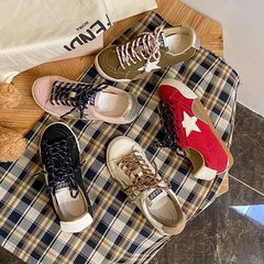 内增高星星做旧脏脏板鞋女复古鸳鸯系带拼色平底休闲运动德训鞋子