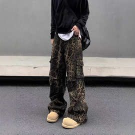 跨境美式复古多口袋豹纹工装牛仔裤男女同款街头休闲阔腿欧美裤子
