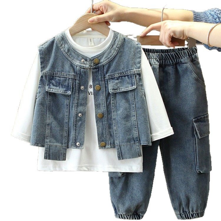 7725 Traje de primavera para niños 2025 Nuevo chaleco de mezclilla para niños Traje de tres piezas para bebés Primavera y otoño Ropa coreana Tendencia