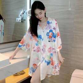 跨境外贸薄款冰丝睡裙女性感开衫宽松女睡衣夏天V领高级感可外穿