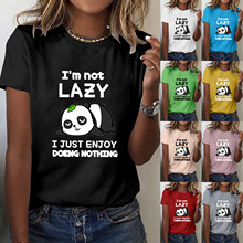 獨立站亞馬遜外貿女裝T恤lazy 熊貓圖案印花短袖現貨批發歐美風