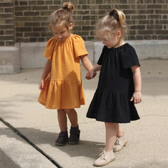 2024 Spring New Double-layer Crepe Solid Color Dress for Girls Korean Version Round Neck Turtleneck Short Sleeve Princess Dress for Baby Girls
