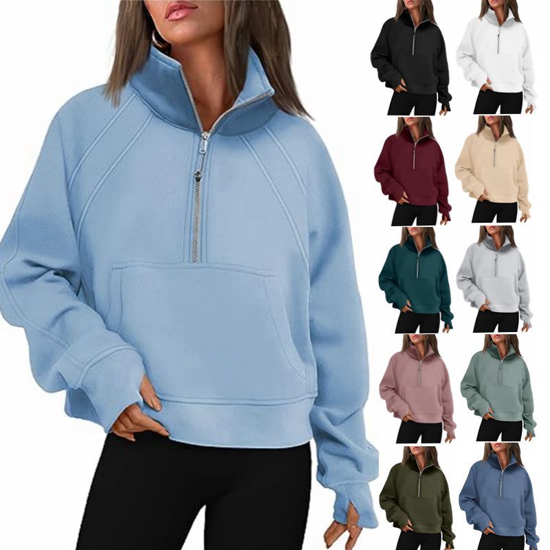 2025 European and American Export Cross-Border Women's Clothing Lulu Yoga Clothing Half-Zip Short Stand-Up Collar Thumb Hole Velvet Sweatshirt
