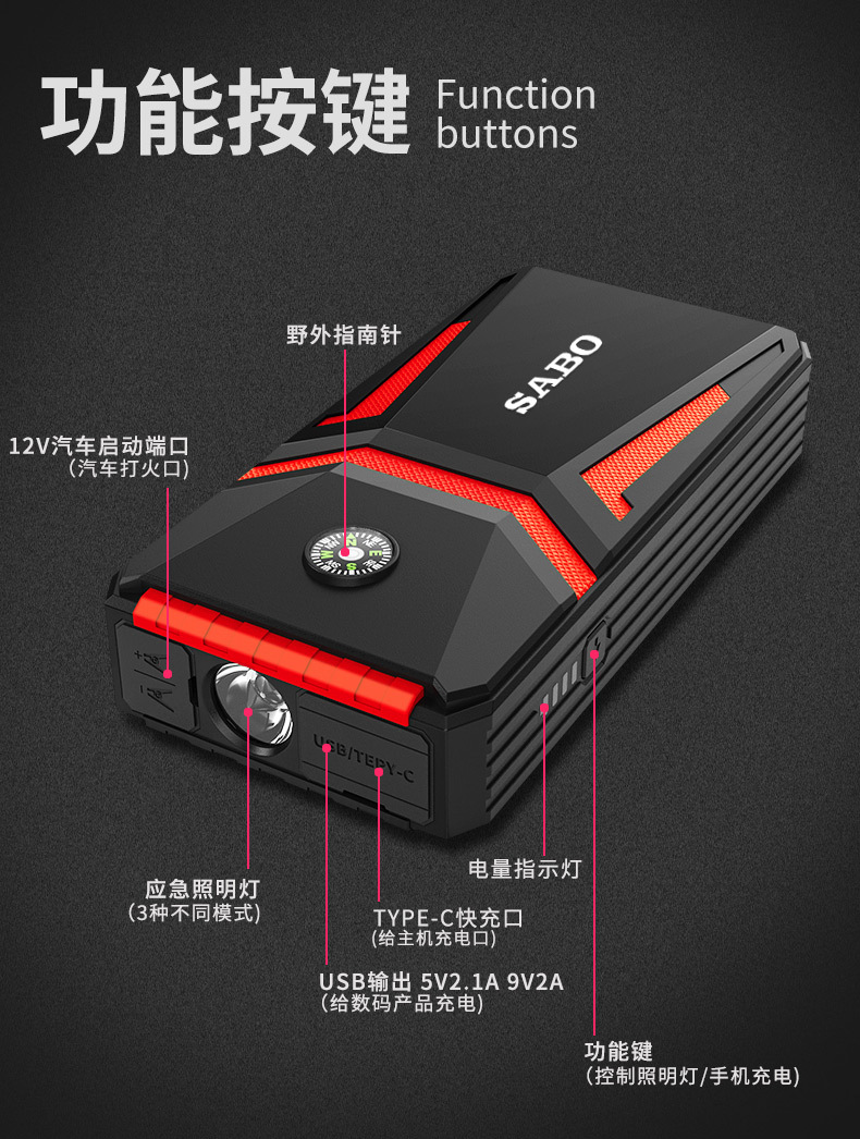 SABO尚比奥A5汽车应急启动电源启动宝12V电瓶搭电 jump starter