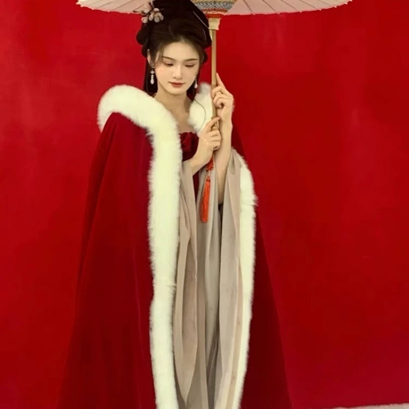 Красное трench coat, зимний Hanfu, длинное плащ, теплая куртка