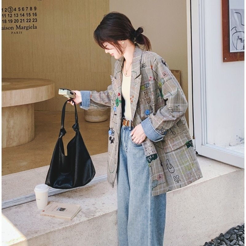 Fashionable Graffiti Plaid Blazer for Women, 2026 Spring and Autumn New Style, Petite Casual Design Trendy Suit Fashionable Graffiti Plaid Blazer for Women, 2026 Spring and Autumn New Style, Petite Casual Design Trendy Suit