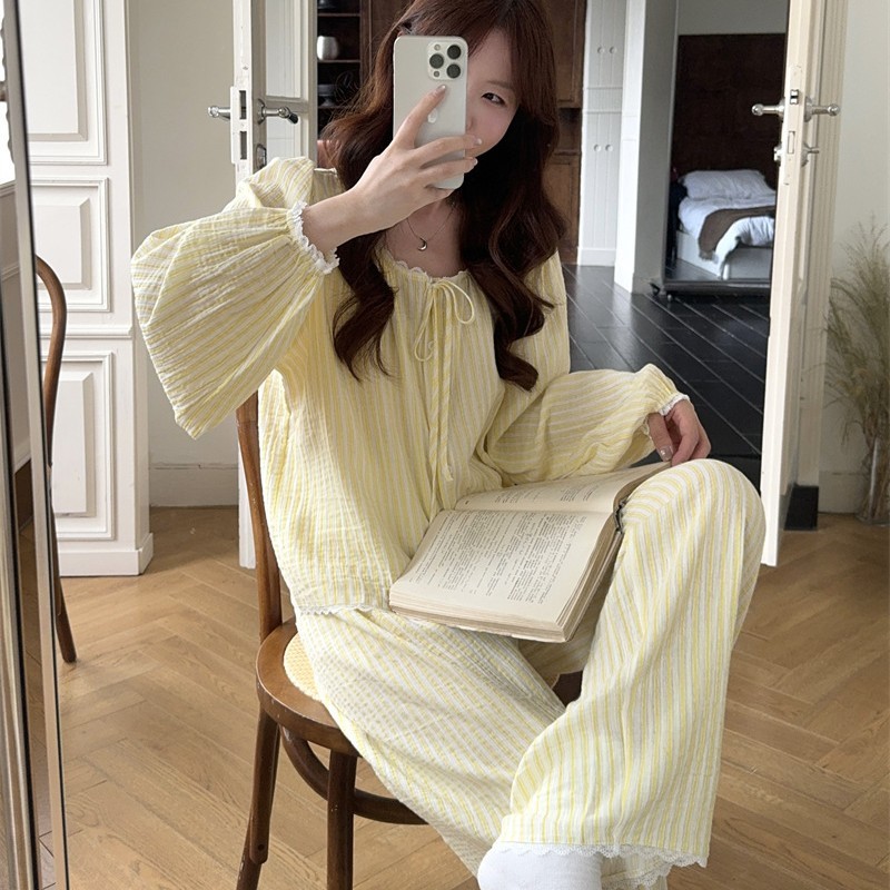 2025韩系ins秋季新款条纹简约舒适花边长袖睡衣套装休闲家居服女|undefined
