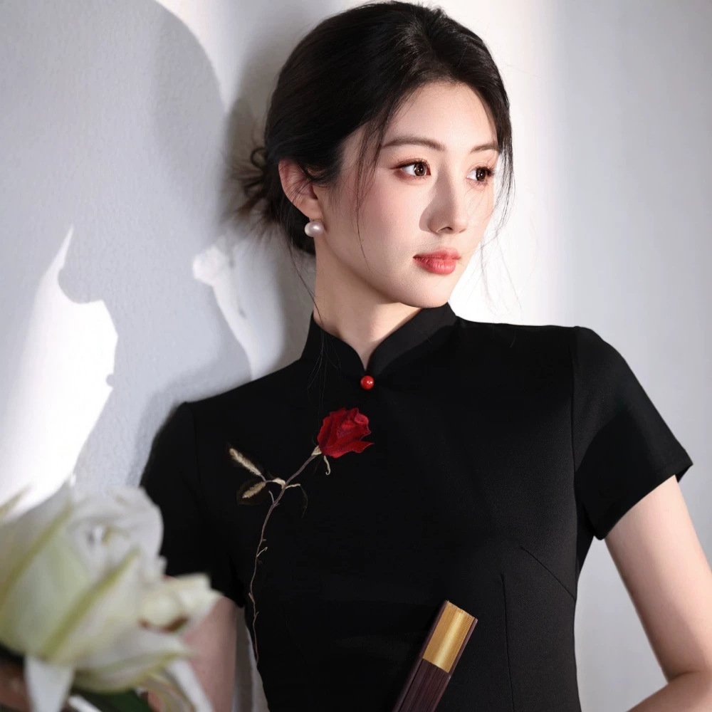 新中式黑色旗袍女刺绣立领长裙复古风显瘦气质连衣裙改良修身日常
