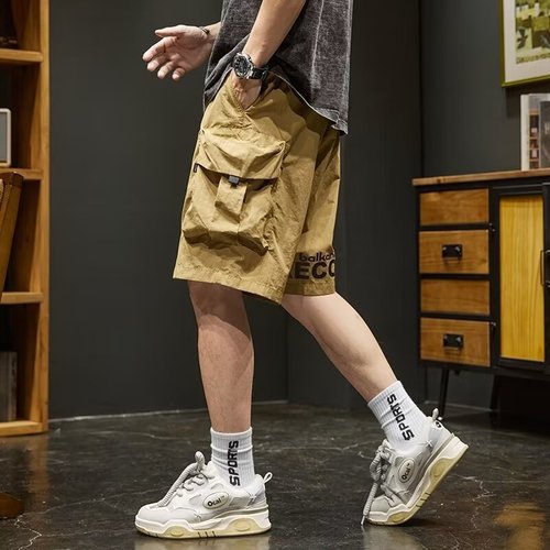 Japanese style workwear shorts for men, loose fit, quick-drying ice silk casual five-pocket shorts, summer thin model sports mid-rise pants