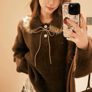 美式复古翻领针织衫毛衣女秋冬季新款可卸毛领仿貂毛休闲宽松上衣