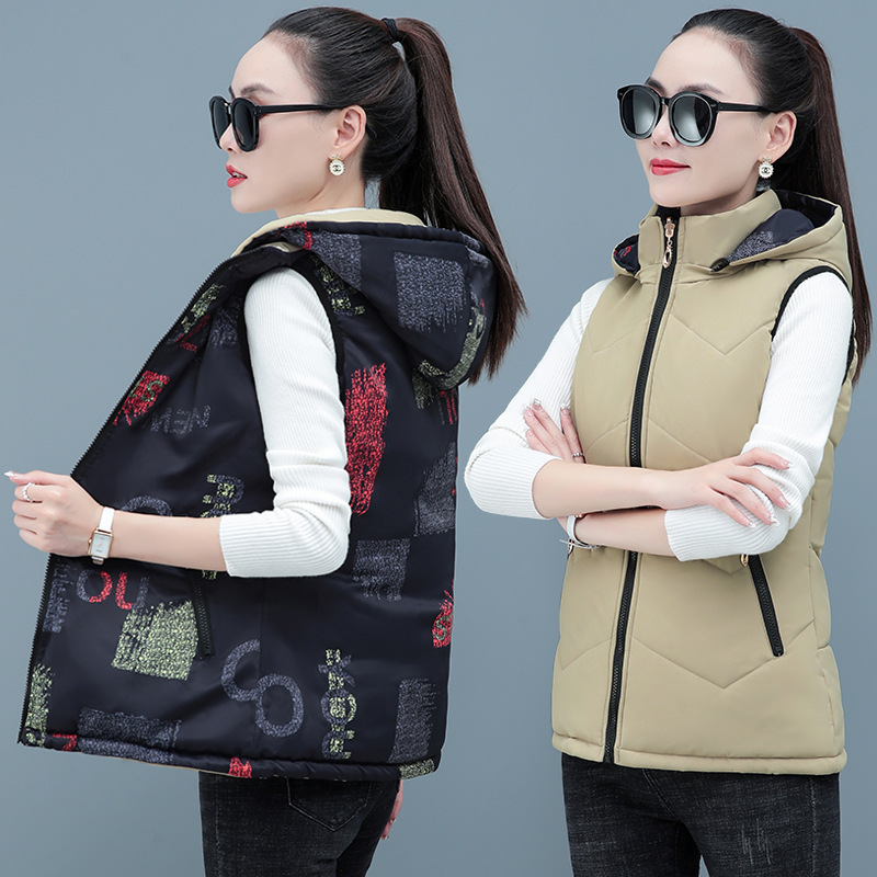 Chaleco de algodón con capucha desmontable y desmontable de doble cara para mujer otoño e invierno madre de mediana edad talla grande suelta engrosada cálida sin mangas