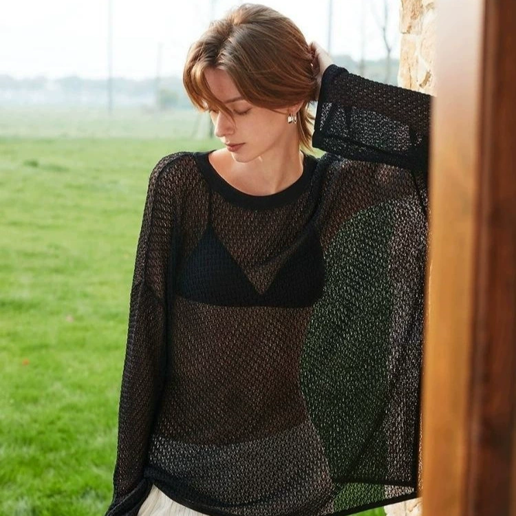 ROW модная слегка прозрачная вязаная блузка с вырезами из импортной ультратонкой японской бумажной пряжи ленивого силуэта с текстурой рыбьей чешуи