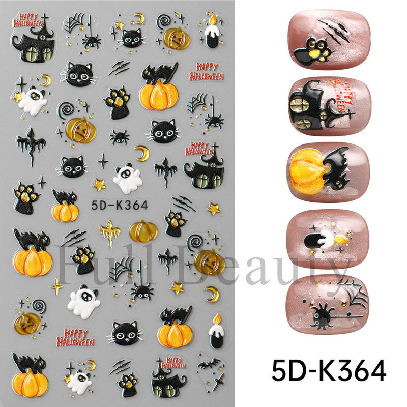 クロスボーダー新しいネイルアートステッカーハロウィン漫画黒猫カボチャゴースト 5D レリーフ立体ネイルステッカー|undefined