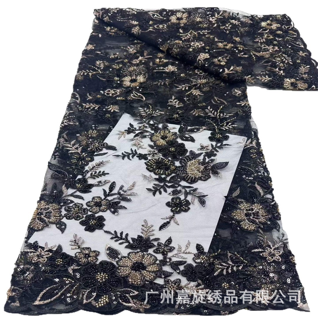 Tela de bordado floral negro dorado de Oriente Medio, bordado con cuentas, tela para vestidos, traje étnico Dai, vestido cheongsam, tela de bordado con cuentas tubulares. image 6