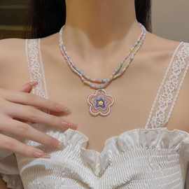 小清新甜美彩色花朵串珠项链女ins潮小众双层设计感锁骨链颈链