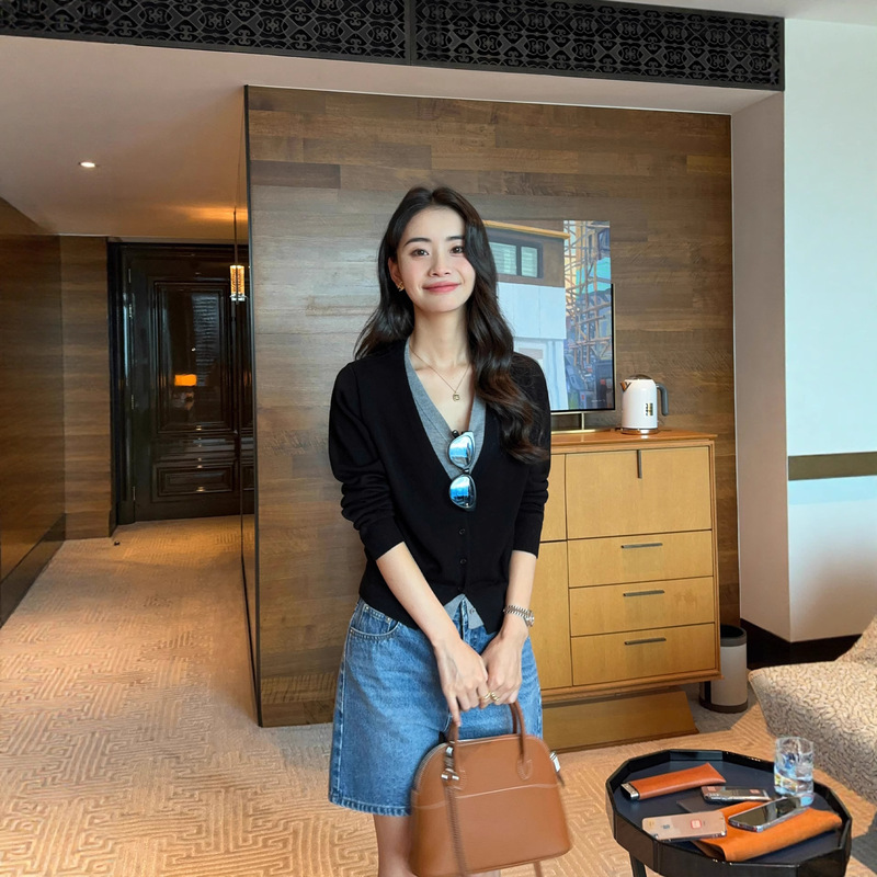 pusumede 复古收藏家 V领假两件针织开衫女宽松气质薄款外套上衣|undefined