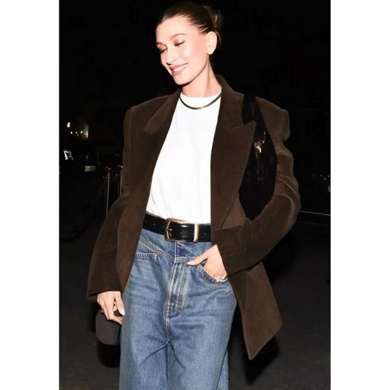 American retro Khaite autumn and winter women's suit corduroy double-breasted dark brown loose profile suit jacket