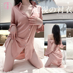 Erotic lingerie, large size transparent silk sexy pajamas, can be worn outside, pure lust shirts, nightgowns, uniforms, no need to take off