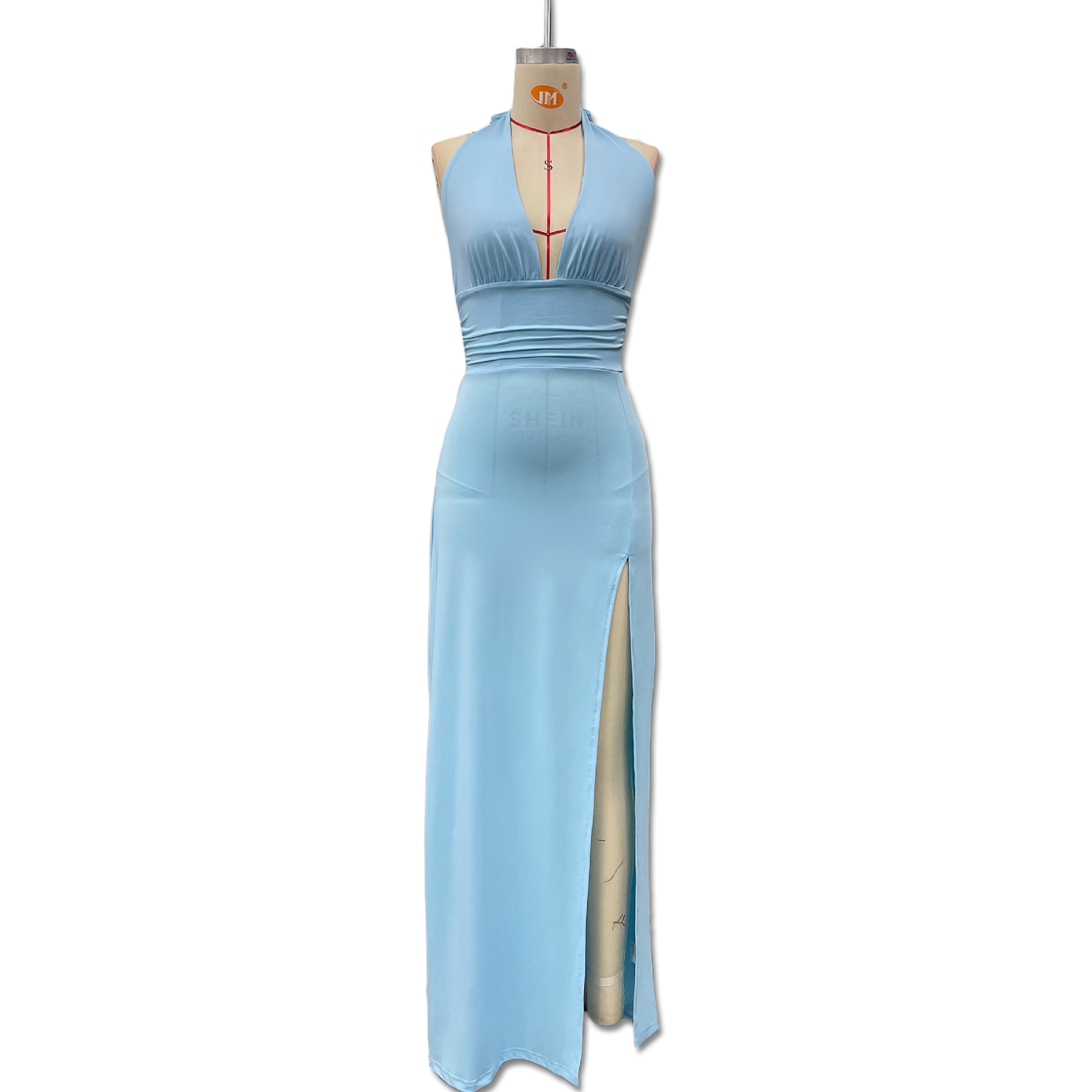 Elegant Women's Sleeveless Halter Neck V Neck Slit Long Dress European American Style Deep V Solid Color Cinching Sexy Dress_ecoleips.com