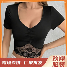 欧美蕾丝V领t恤优雅短袖夏季女装亚马逊纯欲外穿性感网纱超短上衣