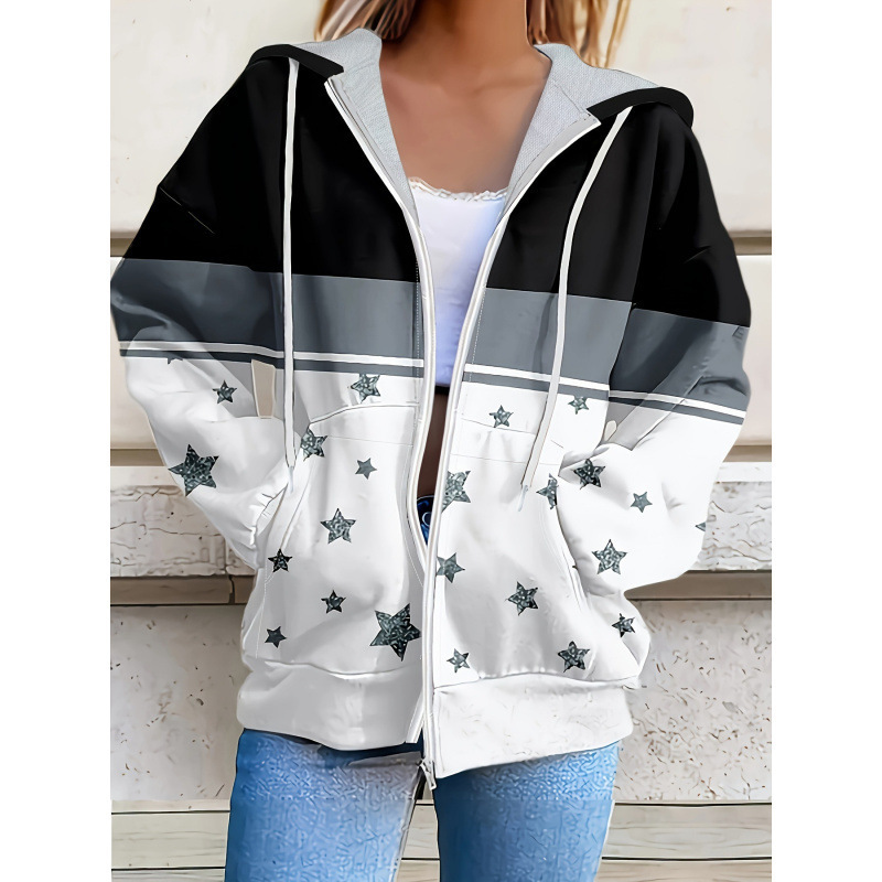 Long-Sleeved Zipper Women's Hooded Sweatshirt American Santa Claus Jacket Personalized Denim Print Spring & Fall New Top Long-Sleeved Zipper Women's Hooded Sweatshirt American Santa Claus Jacket Personalized Denim Print Spring & Fall New Top