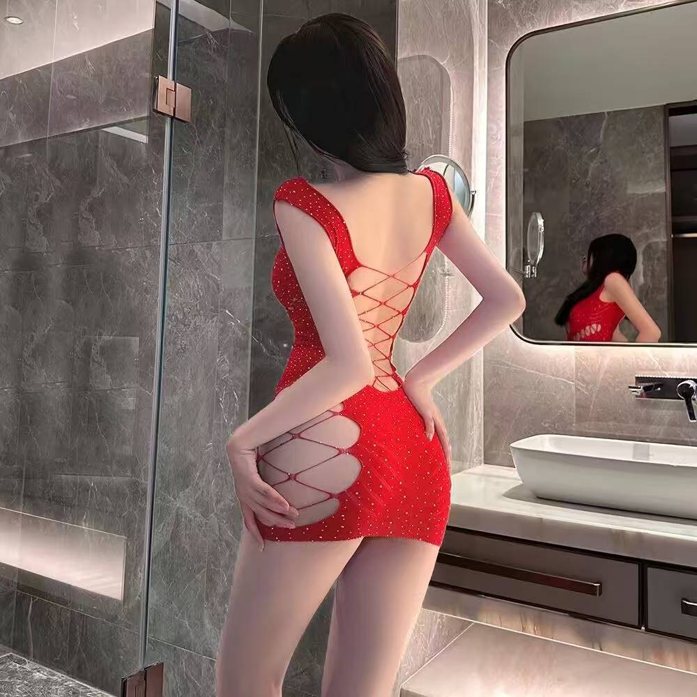 Hollow-Out Fishnet Bodysuit with Short Skirt, Long-Sleeved Red One-Size — detail image 3