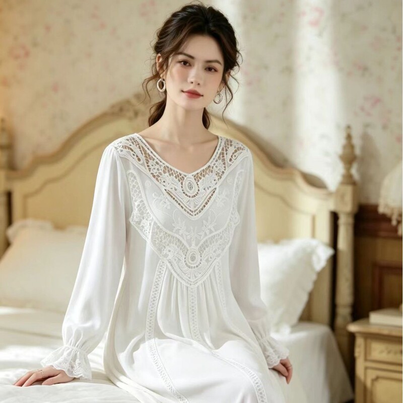 Long-Sleeved Nightgown for Women, Knitted Cotton, Loose, Large Size, Long Style, French Palace Style, Soft, Can Be Worn Outside, Home Wear, Spring and Autumn Long-Sleeved Nightgown for Women, Knitted Cotton, Loose, Large Size, Long Style, French Palace Style, Soft, Can Be Worn Outside, Home Wear, Spring and Autumn