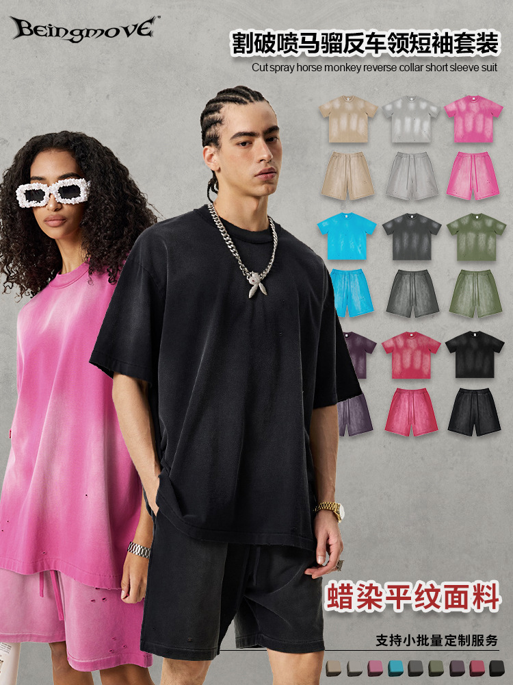 2025 verano pesado estilo parisino salpicaduras de tinta pantalones cortos de manga corta de algodón tee trajes para hombres y mujeres, exclusivamente para hombres transfronterizos
