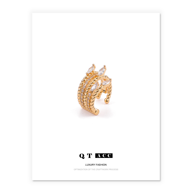 Latón chapado 18K oro real/ZIRCON con incrustaciones francés luz lujo retro temperamento multi-capa oído hueso clip giro pendientes para mujeres