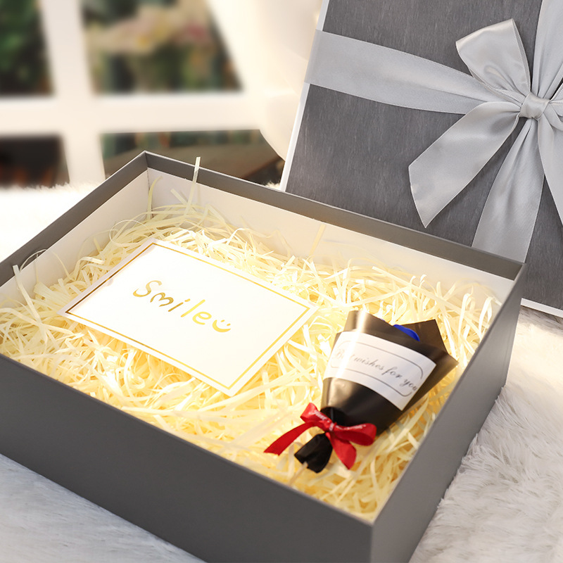 Grey Gift Box with Sky Cover, Bow, Rectangle Birthday Gift Packaging Box, Exquisite Cement Grey Empty Box