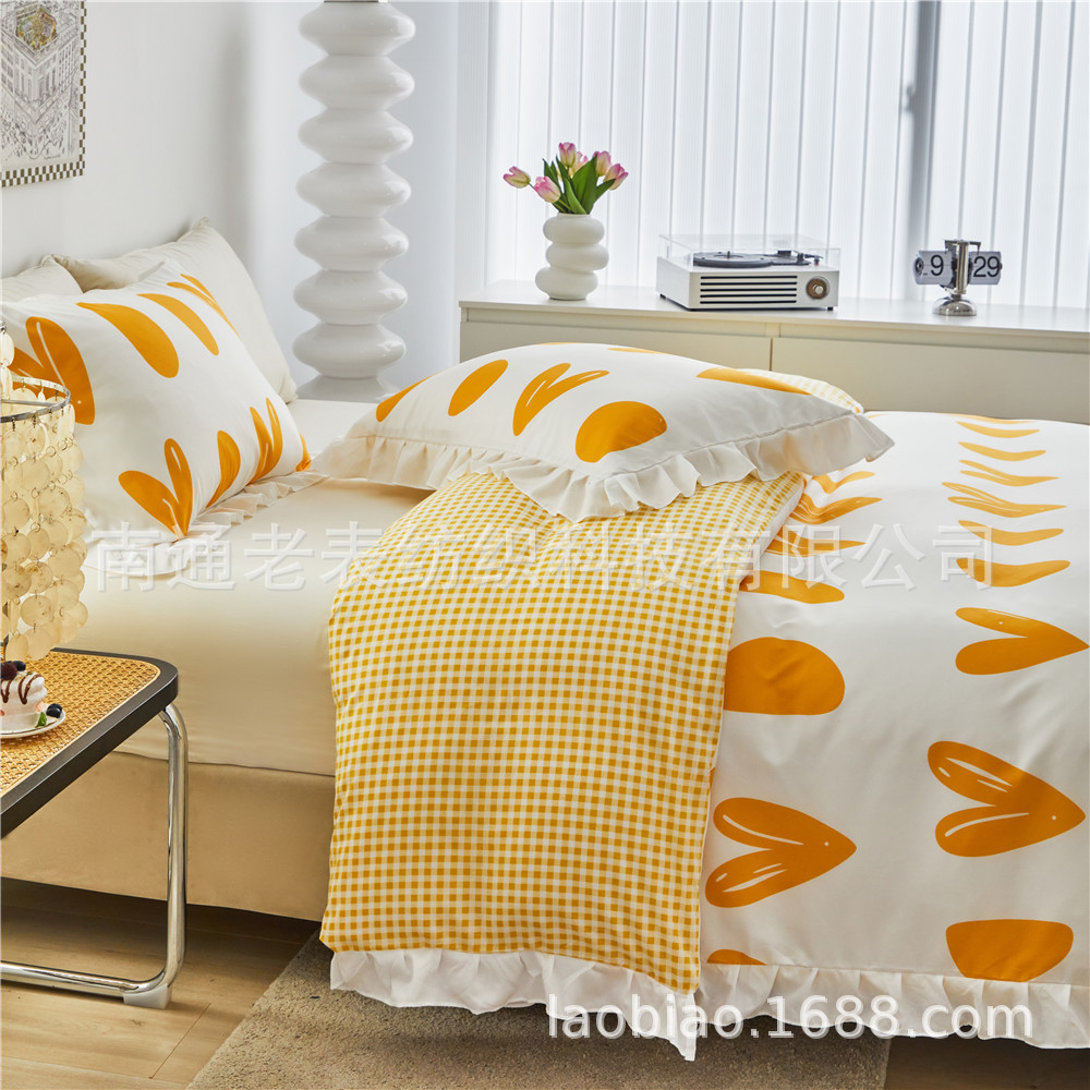 跨境外贸厂家供货速卖通亚马逊床上用品爱心型荷叶边花边被套枕套