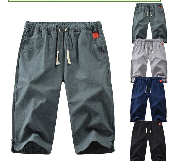 Foreign trade 2022 summer new men's linen casual pants sports shorts European and American solid color straight cropped pants