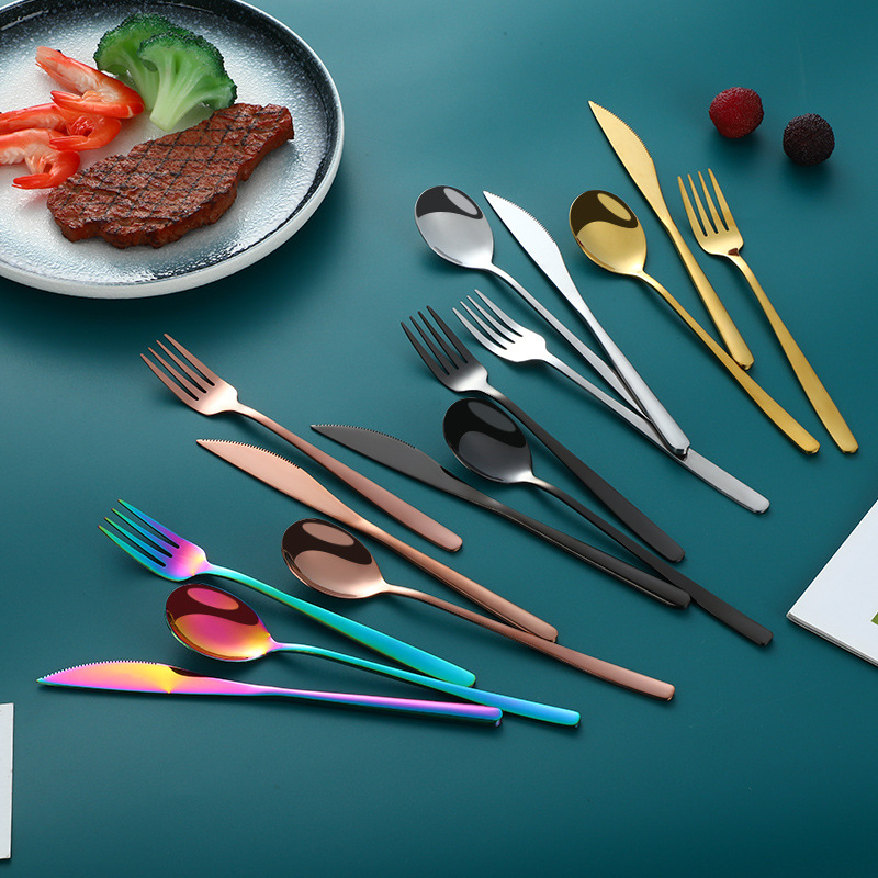 Cuchillo de acero inoxidable, tenedor y cuchara de postre coreano café mango largo revolviendo cuchara hogar comiendo cuchara vajilla de acero inoxidable