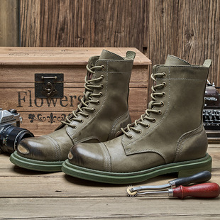 Autumn and Winter Vintage Distressed Handmade Steel-Toe Martin Boots for Men, American Casual Genuine Leather Boots, Men's High-Top Boots