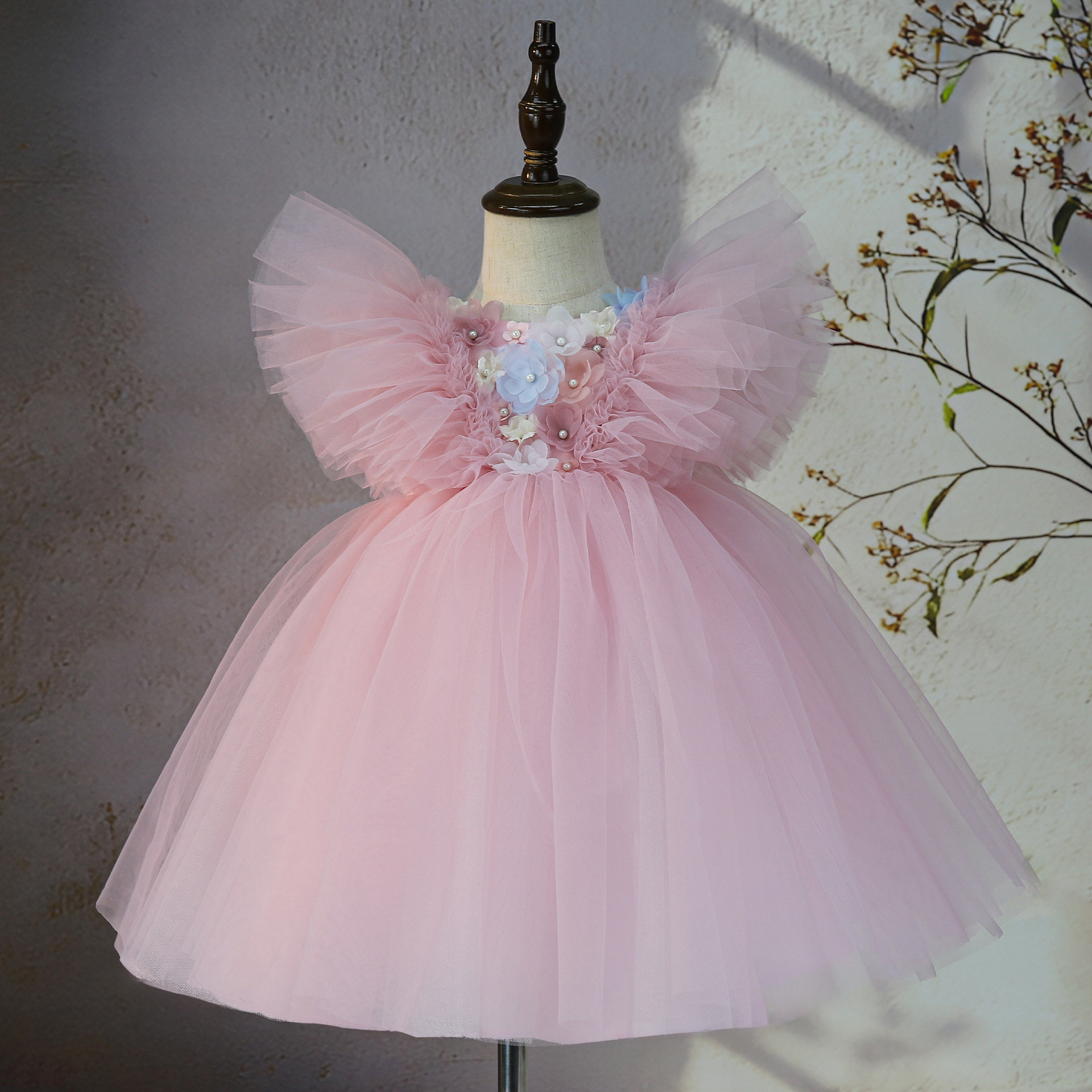 Summer Girls' New Fluffy Gauze Skirt Flower Girl Birthday Party Princess Skirt Flying Sleeve Dress Kidsren's Performance Clothing