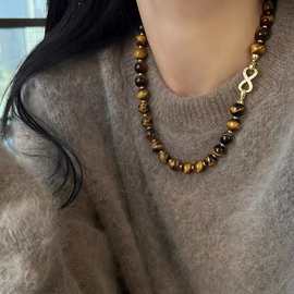 秋冬新款可拆分美拉德虎眼石摩卡金棕珍珠双层项链小众设计毛衣链
