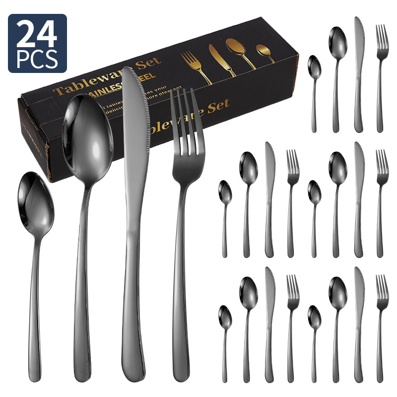 Spoon Juego de vajilla de acero inoxidable transfronterizo al por mayor de 24 piezas para el hogar elegante comida occidental Cuchillo, tenedor, cuchara, necesidades diarias