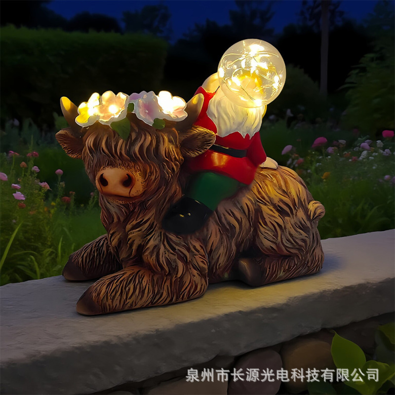 跨境新款太阳能小矮人骑高山牛摆件户外花园庭院树脂发光草坪装饰|undefined