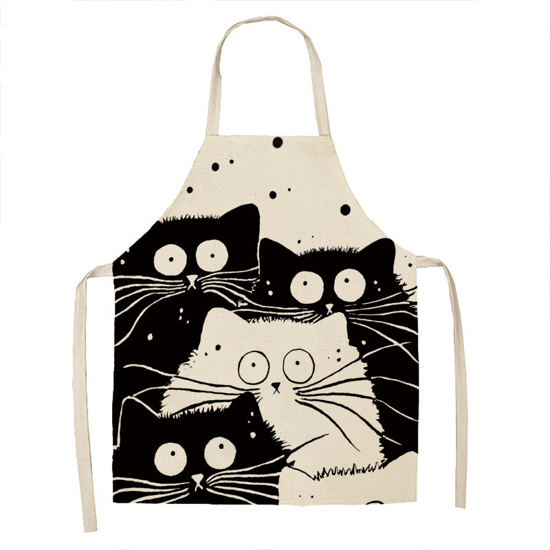 Gato blanco y negro de dibujos animados delantal lino cocina casera sin mangas halter antifouling cintura niños babero